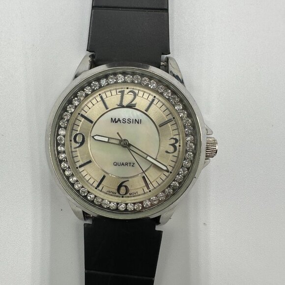 3/$30 Massini Watch Women Silver Tone Round Case Black Silicone Band 9" - Picture 2 of 15